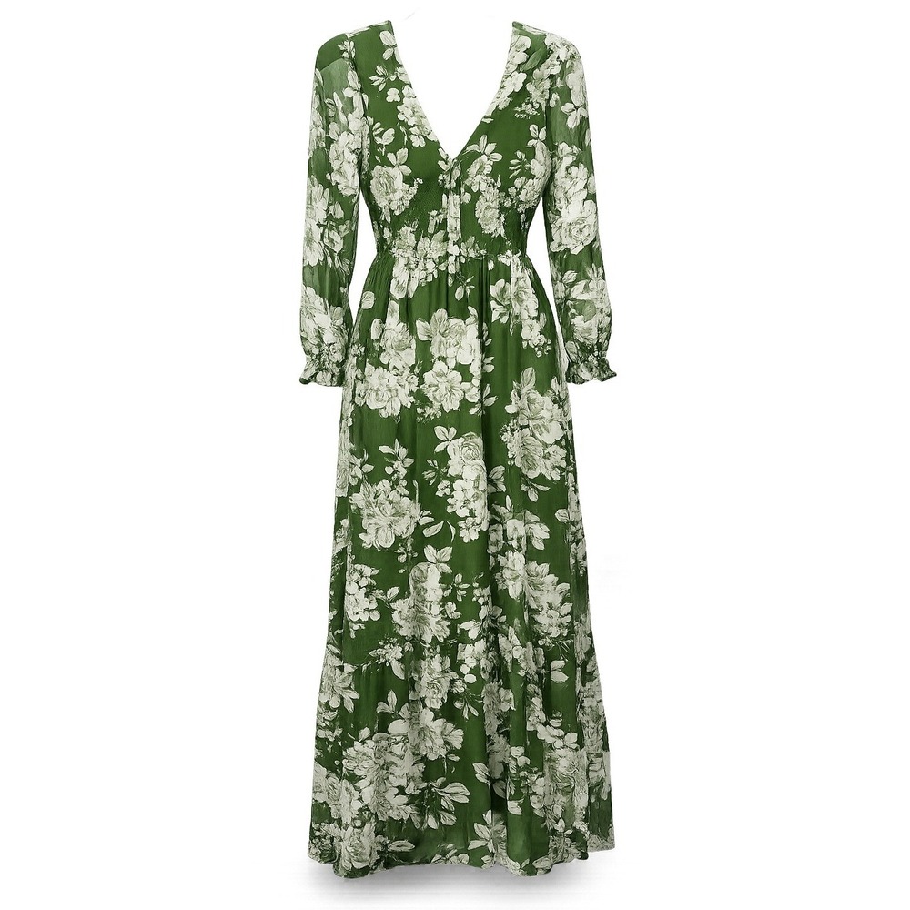 Women's Medium Green Floral Smocked Tiered‎ Maxi Dress Boho Garden Party Cottage